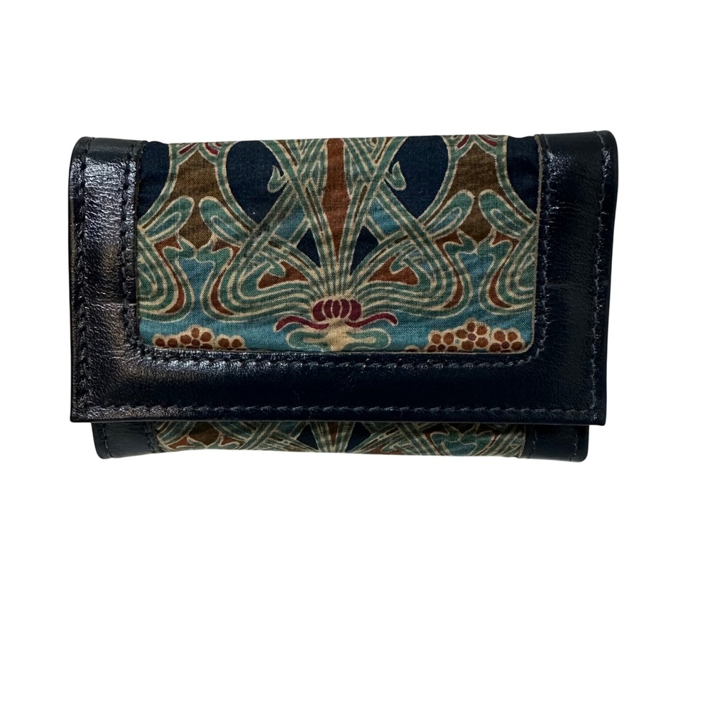 Liberty of London Black Leather Art Nouveau Tapestry 6 Key Trifold Wallet UK
